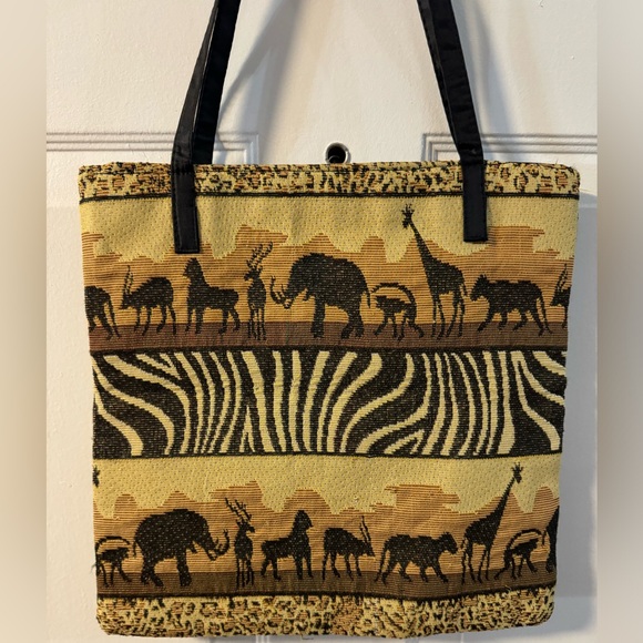Vintage Handbags - VTG Unique Artsy Animal Print Safari Themed Tapestry Tote Purse 90’s African